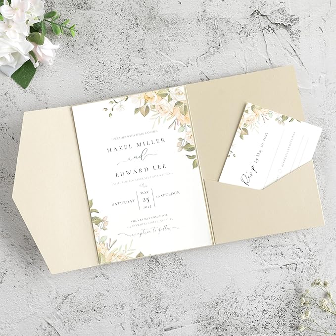 20 PCS Champagne Tri-fold Laser Cut Wedding Invitation Pockets for 5x7 Wedding Cards Bridal Shower Engagement Quinceanera Invitation