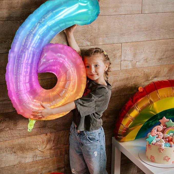 Rainbow Number 6 Balloon, 40 Inch Large Number Foil Mylar Balloons - Image 5