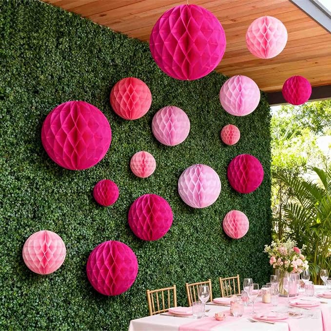 Pink Paper Honeycomb Balls, 6 and 10 inch Hanging Tissue Pompoms, 12 Pack Party - Image 7