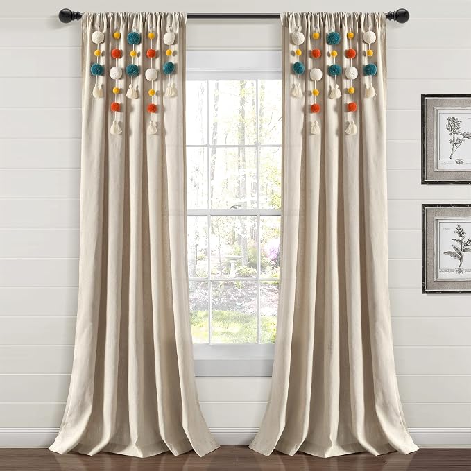 Lush Decor Boho Pom Pom Tassel Linen Textured Window Curtain Panel, Single 52" by LushDecor