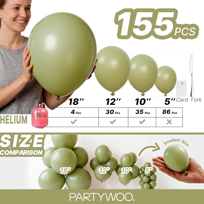 PartyWoo Sage Green Balloons 155pcs Different Sizes of 18 12 10 5 Inch Olive - Image 6