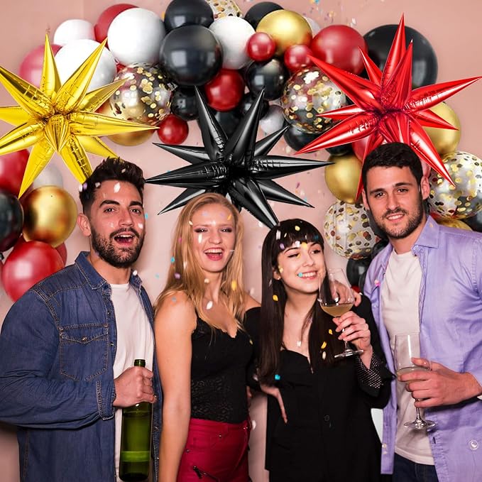 Red Black and Gold Star Balloons, 12 Point Spike Foil Cone Balloon - Image 2
