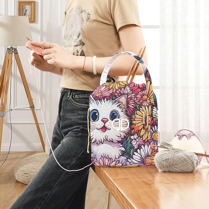 Cute Chrysanthemum Cats Butterflies Yarn Bag Small Crochet Bag Drawstring Yarn - Image 6