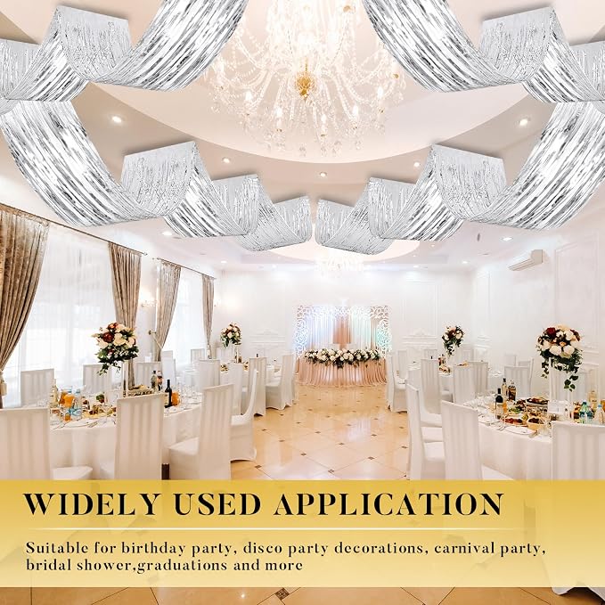 4 Pcs 15ft Silver Metallic Foil Ceiling Fringe Curtains, Party Decor Fringe - Image 5