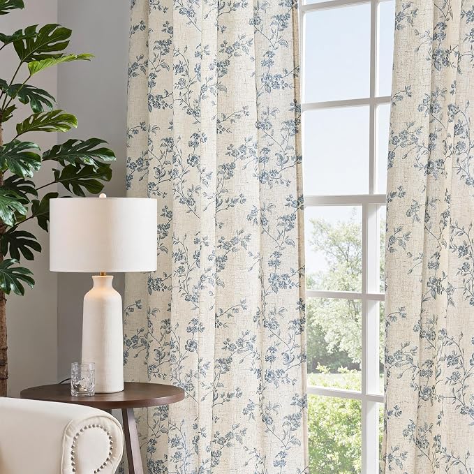 jinchan Blue Floral Linen Curtains 63 Inch Country Drapes Back Tab 2 Panels | - Image 6