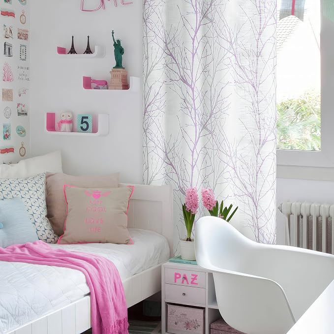 FMFUNCTEX Linen Lilac White Semi Sheer Print Curtains 84 Inch Long 2 Panels | - Image 5