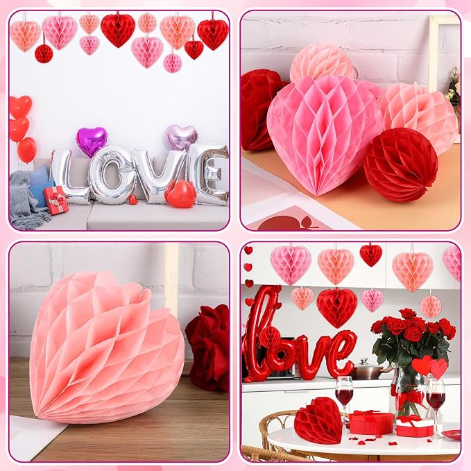 BOARDFEB 12PCS Valentine's Day Decorations, Heart Honeycomb Balls Hanging | Pink - Image 7