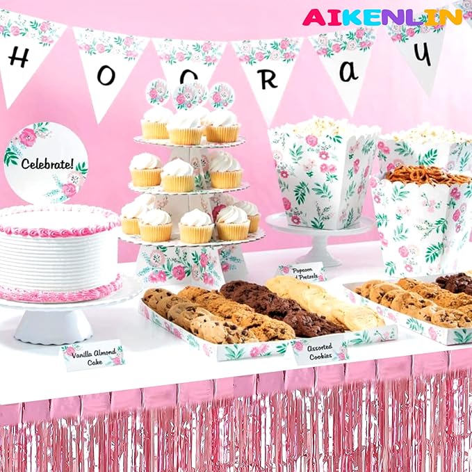 6 Pack 29x108 Inch Metallic Foil Fringe Tinsel Table Skirts Banner for Rectangle Tables Streamer Garland Curtains Backdrop for Wedding, Birthday, Parade Floats, Valentine's Day Party Decoration(Pink)