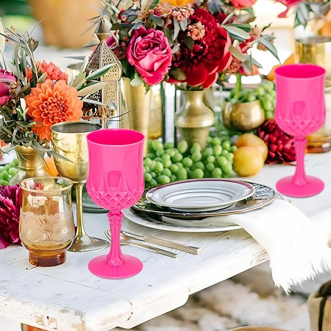 Plastic Vintage Wine Glasses 7OZ Plastic Goblets Vintage Drinking Glasses 12PCS Retro Wedding Glassware Water Goblets Reusable Drinking Cups for Party,Reception,Celebration,Bar,Whiskey(Rose Pink)