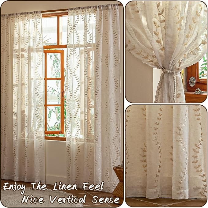 2 Panels Linen Leaf String Floral Embroidered Semi Sheer Curtain Farmhouse - Image 3