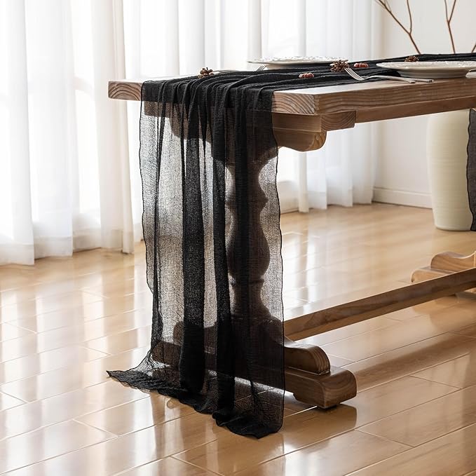 6pcs Halloween Table Runner Black Cheesecloth Gauze Rustic Premium Cotton Cheese Cloth Table Runner 120 Inch 10 FT for Wedding Bridal Baby Shower Long Sheer Boho Christmas Decorations