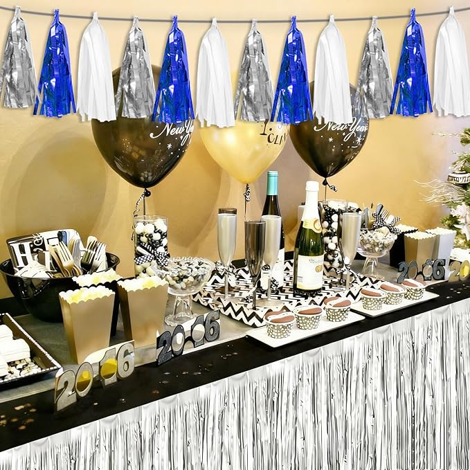 3P Navy Blue White Silver Tassel Banner Garland Metallic Foil Fringe Banner - Image 5