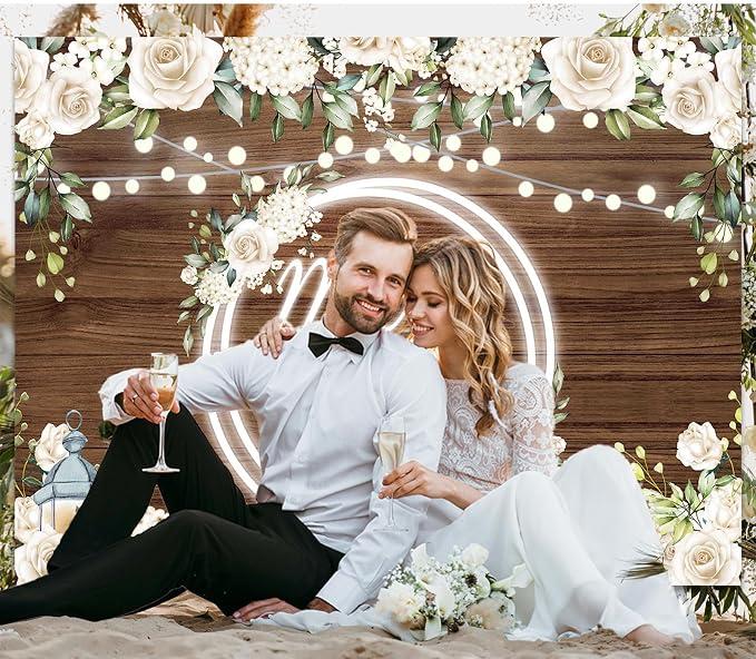 Mr and Mrs Wedding Backdrop Banner Decorations 7x5Ft | Rose Floral Wooden - Image 2