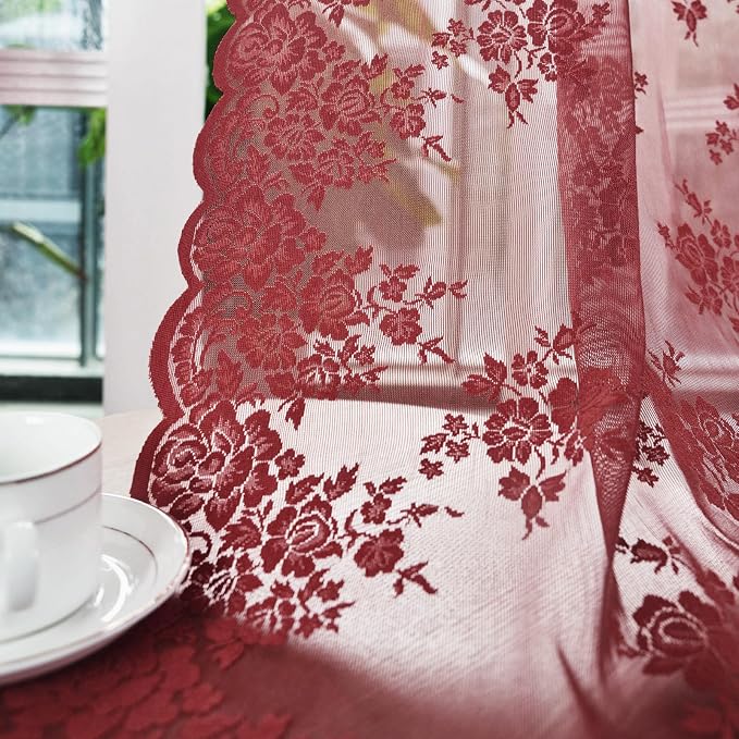 Kotile Burgundy Floral Sheer Curtains - Image 5