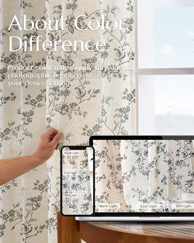 jinchan Black Floral Linen Curtains 63 Inch Farmhouse Back Tab 2 Panels | - Image 7
