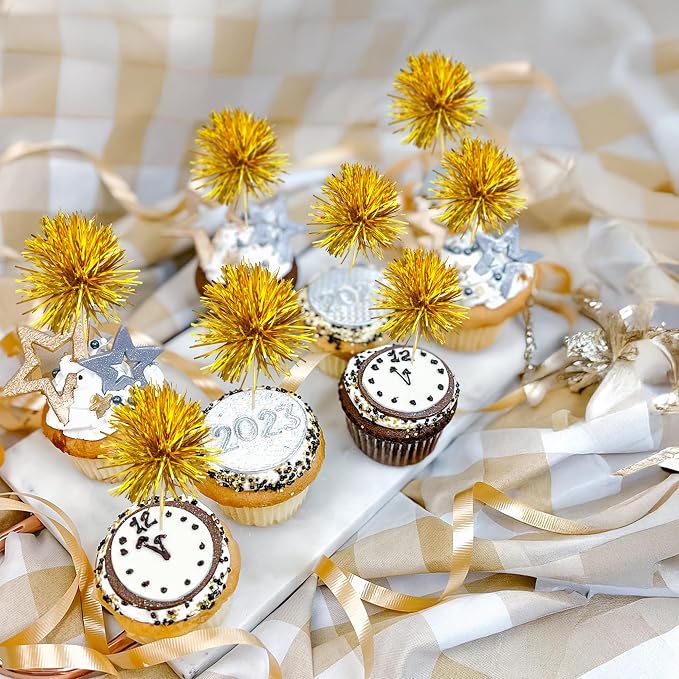 Gyufise 30Pcs Foil Firework Cupcake Toppers Sparkle Tinsel Cake Toppers Tinsel - Image 7
