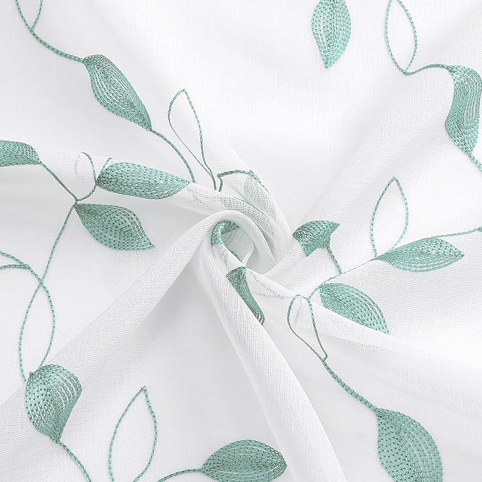 Tollpiz Teal Blue Leaf Sheer Curtain Leaves Embroidered Living Room Short - Image 9