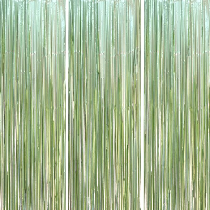 Voircoloria Light Green Foil Fringe Backdrop Curtains, 3 Pack | Tinsel Streamers by Voircoloria