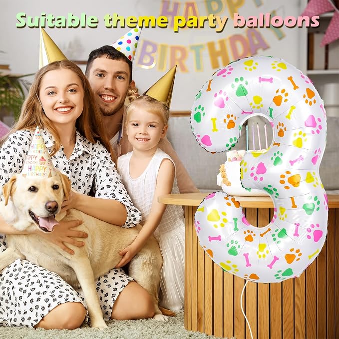 40 Inch Multi-color Dog Paw Balloons, Numeral 3 Birthday Balloons - Image 3