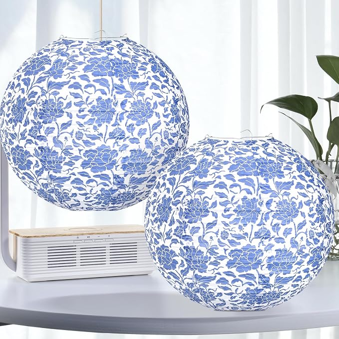 12 Inches Chinoiserie Paper Lantern Celehappy 10pcs Blue and White Porcelain - Image 4