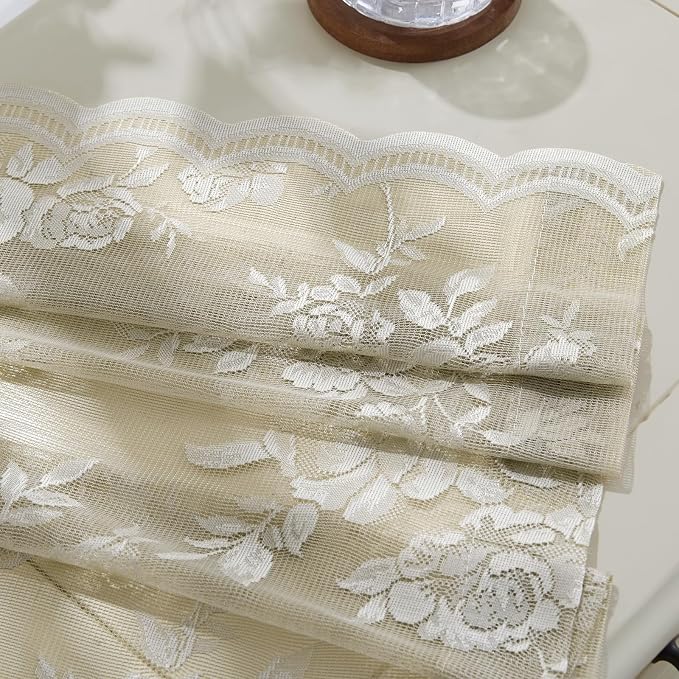 Khaki Lace Curtains 102 Inches Long 2 Panels Vintage Floral Curtains - Image 7