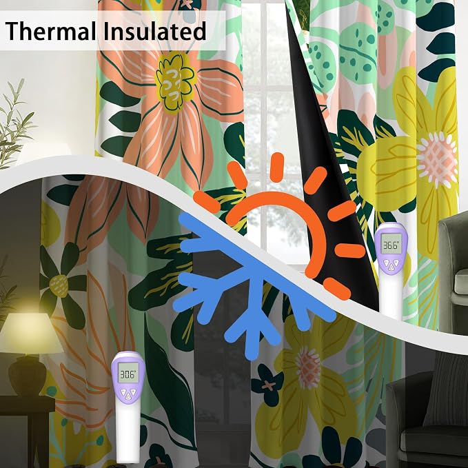 Tyrot Boho Floral 100% Blackout Curtains fo Bedroom 96 inch Long 2 Panels Mid - Image 4