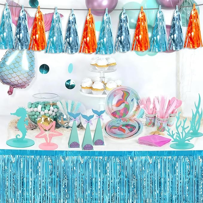 3P Lake Blue Light Blue-Orange Tassel Banner Garland Metallic Foil Fringe - Image 4