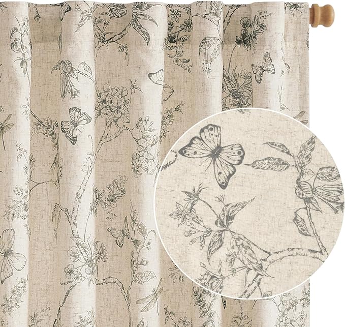 Grey Floral Linen Lined Curtains Rod Pocket 50W X 63L 2 Panels | Charlotte by Lazzzy