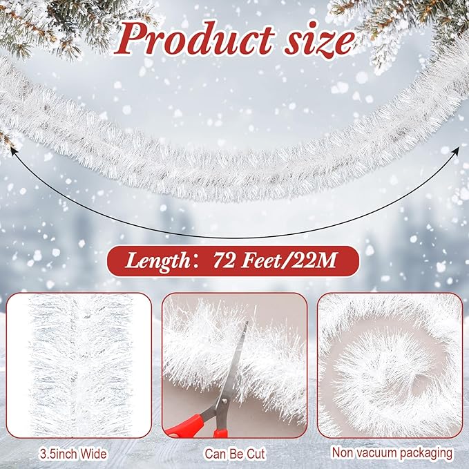 72 Feet Christmas Tinsel Garland Shiny Metallic Tinsel Twist Garland Streamers Ornaments Long Glitter Christmas Tree Hanging Decorations for Party Holiday Wedding Birthday Tree Wall Rail (Snowy White)
