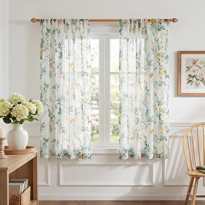 MYSKY HOME Green Floral Sheer Cafe Kitchen Curtains 45 Inches Long 2 Panels | - Image 2