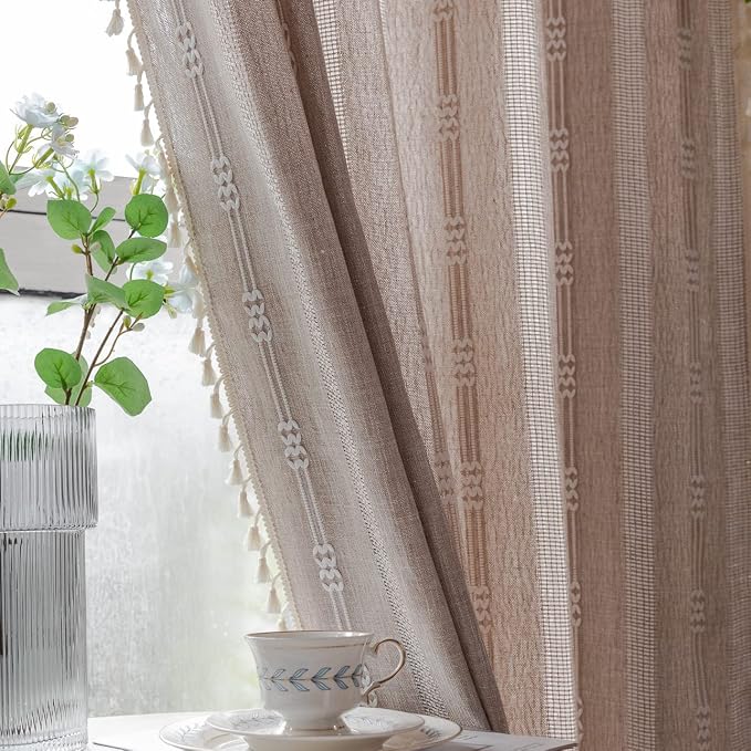 Linen Curtains 108 Inches Long for Living Room 2 Panels Set, Embroidery - Image 4