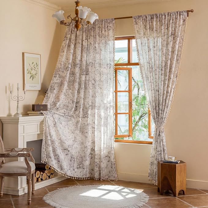Floral Semi Sheer Rod Pocket 84 Inch Curtains 2 Panel Set - Image 4