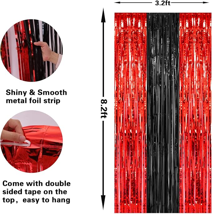 PIGETALE, 2 Pack 3.2x8.2 Feet Black and Red Foil Fringe Curtains Party - Image 3