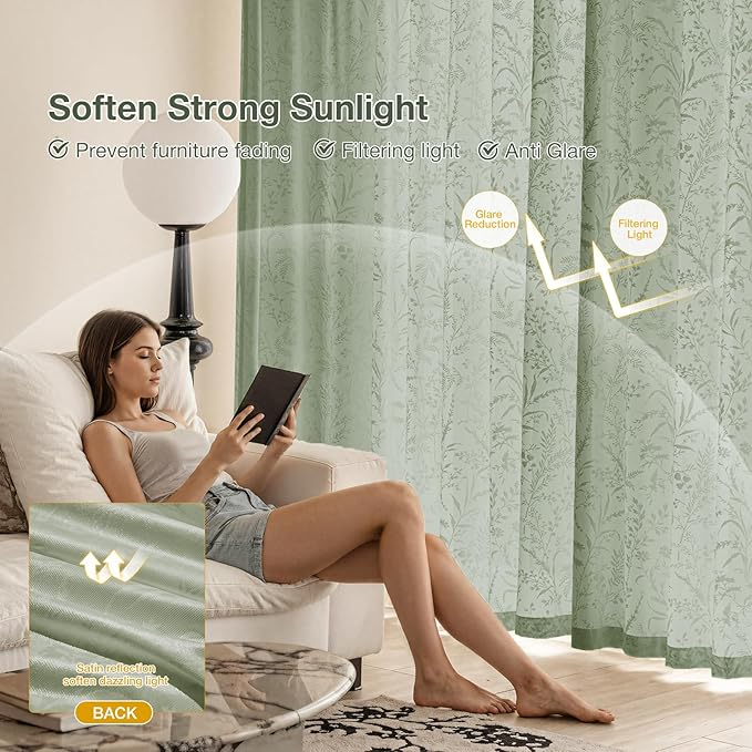 Anmao Sage Green Semi Sheer Light Filtering Curtains 84 Inches Long 2 Panels - Image 6