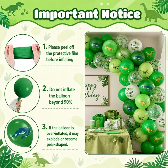 Dinosaur Balloons, 12 Inch Dark Fruit Light Green White Dinosaur Printed Latex - Image 3