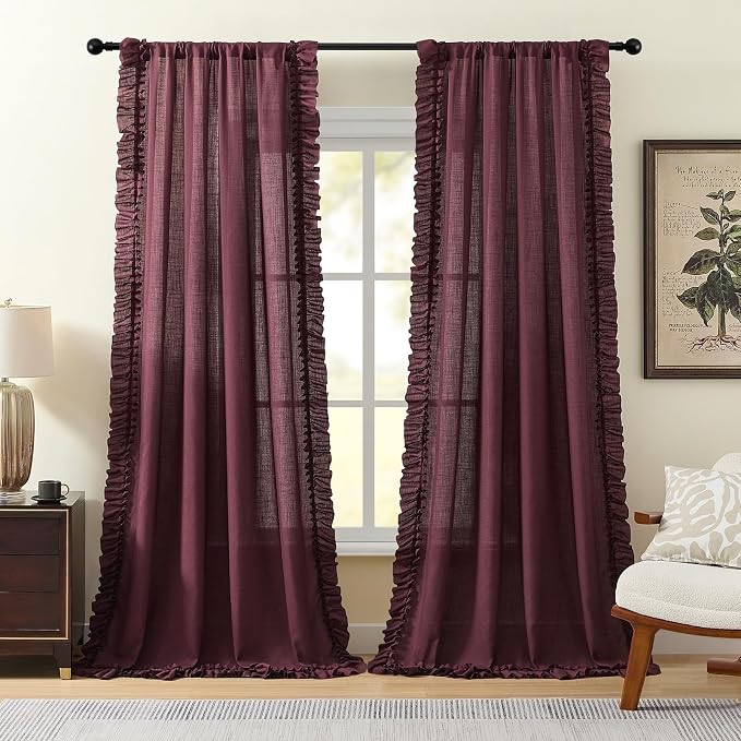 Burgundy Linen Curtains for Bedroom Ruffled Edges 58 x 63 Inch, 2 Panels | Rod - Image 5