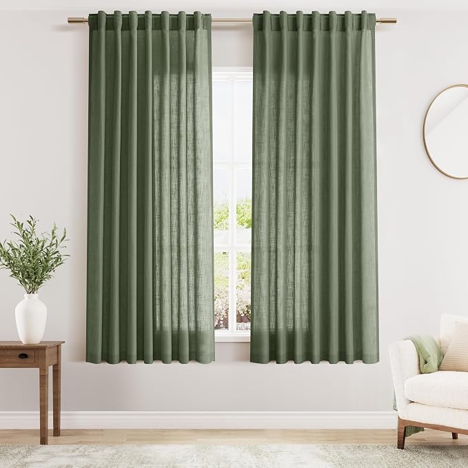 Olive Green Linen Curtains 63 Inches Length 2 Panels Set by Nanspring