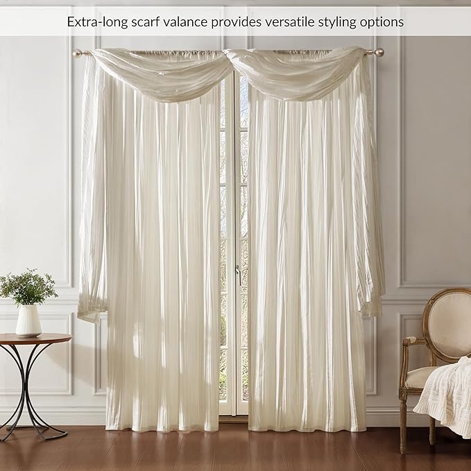 Athena Faux Silk Window Curtain and Scarf Set, Ivory - Image 4