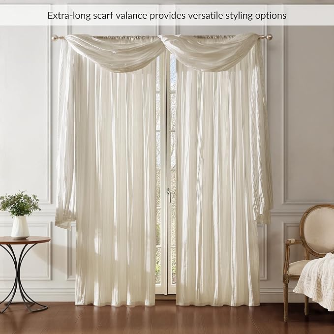 Athena Faux Silk Window Curtain and Scarf Set, Ivory - Image 3