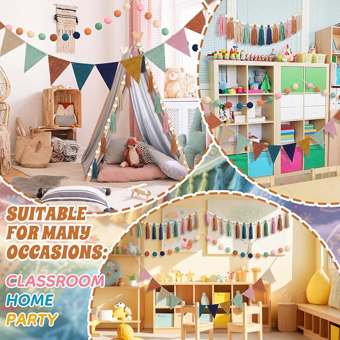 4 Pcs Boho Tassel Garland, 33 Inch Rainbow Pompom Party Decor, Classic | Boho - Image 3