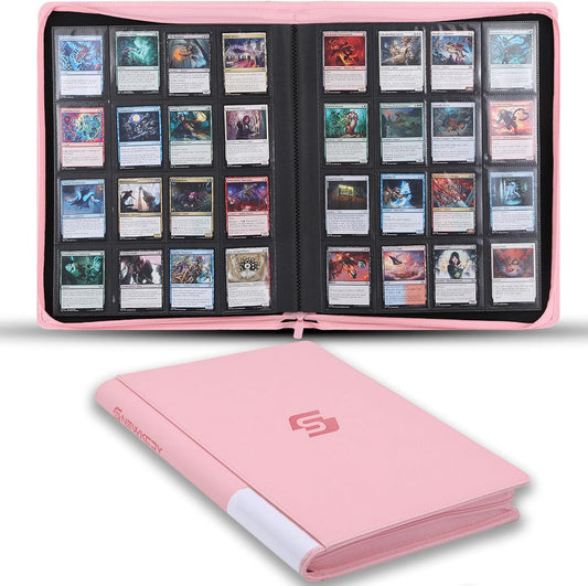 Snekdy premium 1024-pocket trading card binder, 16-pocket cards album, waterproof PU-leather Cover album with side loading, holds gaming, baseball, basketball & sports cards (Pink)
