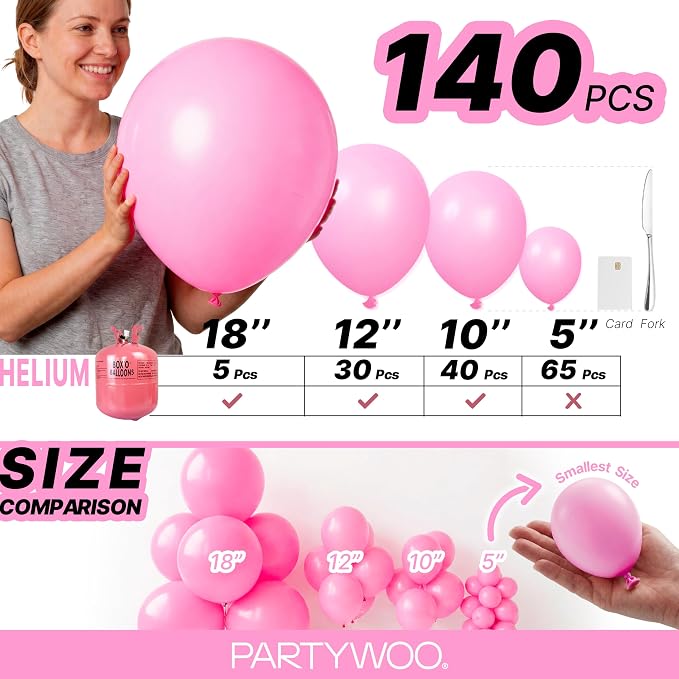 PartyWoo Pink Balloons 140pcs Matte Pink Color 18 12 10 5 Inch | 18 12 10 5 Inch - Image 6