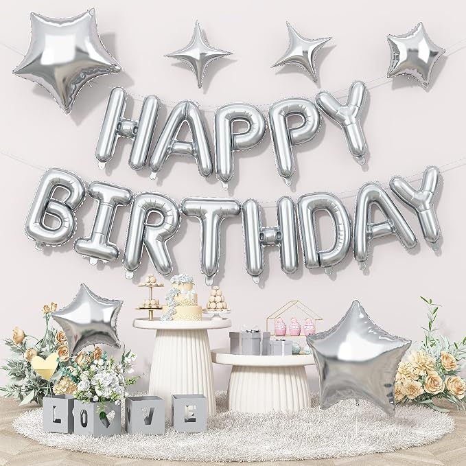 Silver Happy Birthday Balloon Banner, 16 Inch Mylar Foil Letter Balloons by Togvu