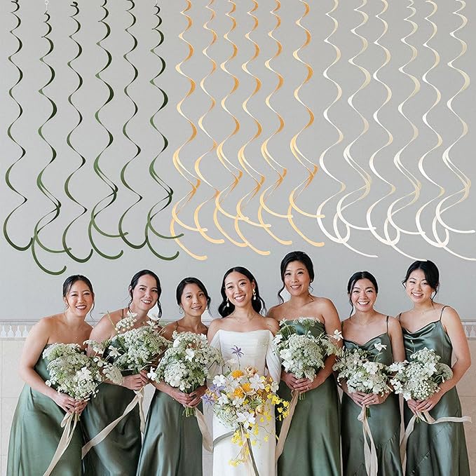 36Pcs Sage Green Hanging Swirl Decoration Olive Green Tan Brown Cream Neutral Felt Swirl Streamer Spiral Ceiling Garland for Greenery Safari Jungle Woodland Birthday Baby Shower Wedding Party Supplies