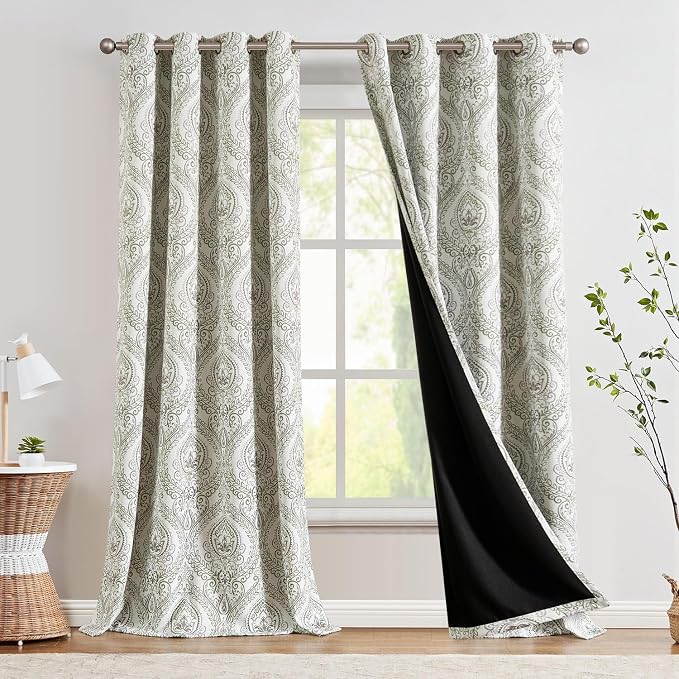 jinchan Sage Green Blackout Curtains 96 Inch Damask Grommet 2 Panels | Room by JINCHAN