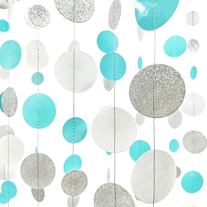Teal Blue Silver White Party Polka Dot Garland Banner Aqua Turquoise Glitter - Image 3