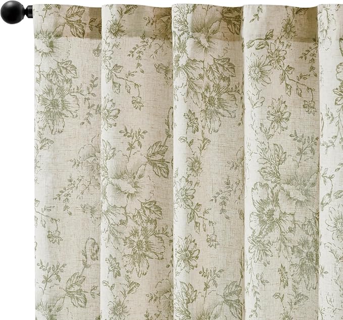 jinchan Green Floral Linen Curtains 54 Inch Vintage Back Tab 2 Panels | Light - Image 7