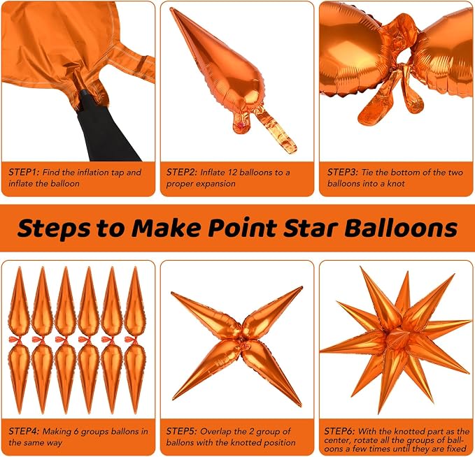 Orange Star Foil Balloons, Metallic Spike Mylar Balloon Fireworks Balloon - Image 7