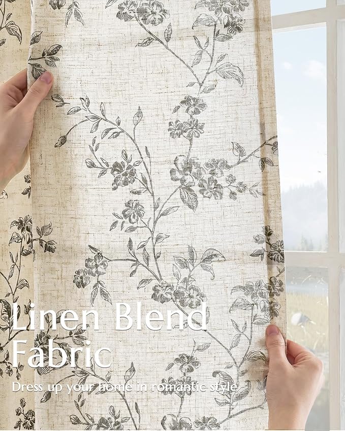 jinchan Black Floral Linen Curtains 63 Inch Farmhouse Back Tab 2 Panels | - Image 3