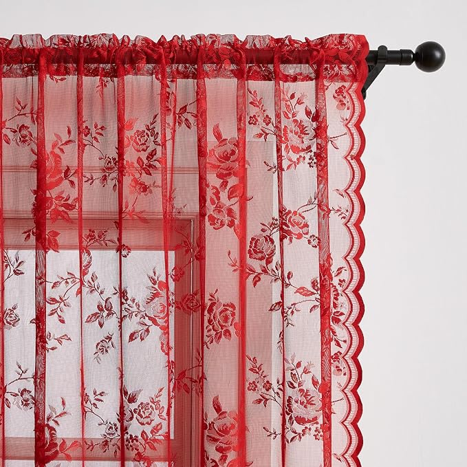 Red Lace Curtains 45 Inch Length 2 Panels Set Romantic Country Flower Curtains - Image 4